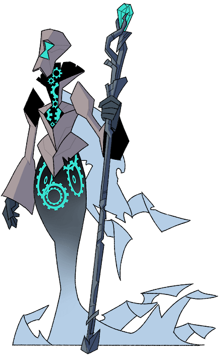 A being made of cyan cogs within a wispy grey form, wearing grey angular armour and holding a grey staff with a cyan gem set in the end