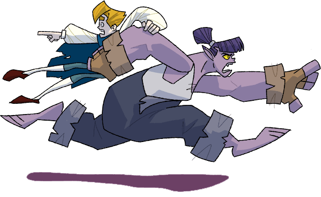 Berberis (a large purple woman in ripped overalls) looking angry and running to the right, Celan (a young blonde noble) looking shocked, holding onto her arm and pointing to the left